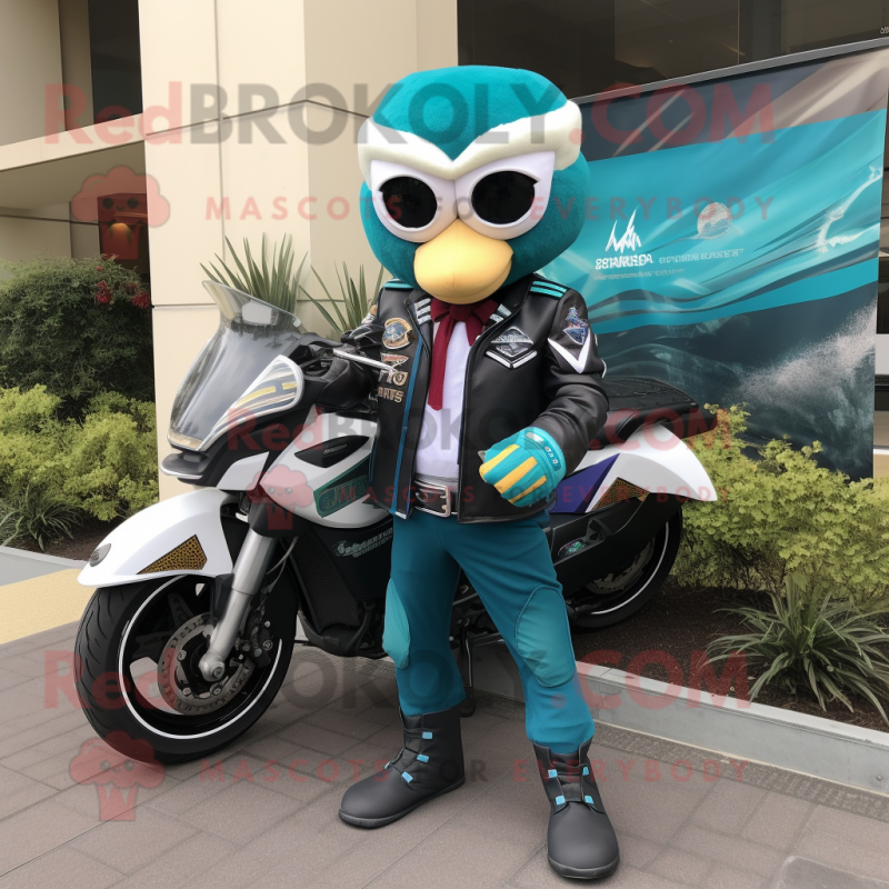 Teal Attorney mascot costume character dressed with a Biker Jacket and Wraps Teal Attorney mascot costume character dressed with a Biker Jacket and Wraps