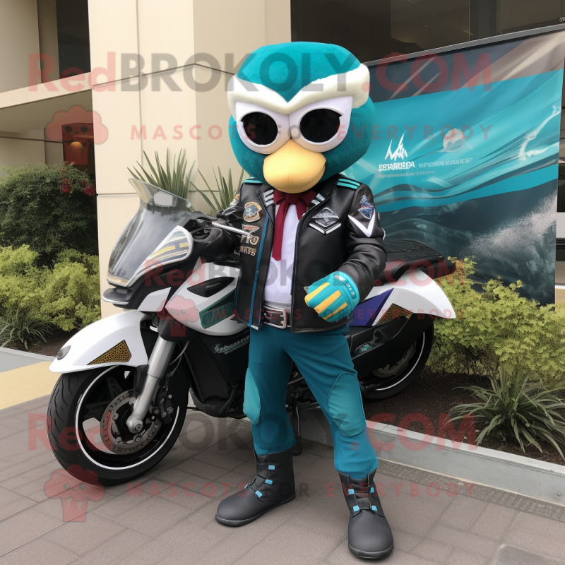 Teal Attorney mascot costume character dressed with a Biker Jacket and Wraps