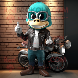 Teal Attorney mascot costume character dressed with a Biker Jacket and Wraps