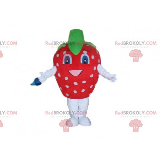 Červený jahodový maskot s bílými tečkami, jahodový kostým -