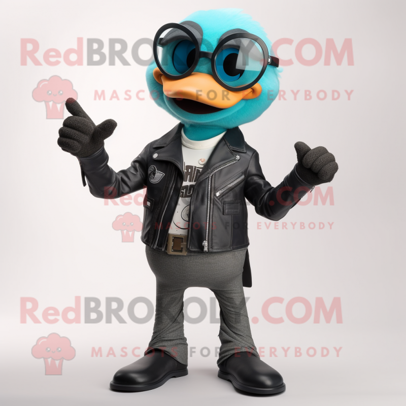 Teal Attorney mascot costume character dressed with a Biker Jacket and Wraps