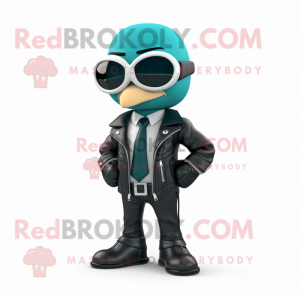 Teal Attorney mascot costume character dressed with a Biker Jacket and Wraps