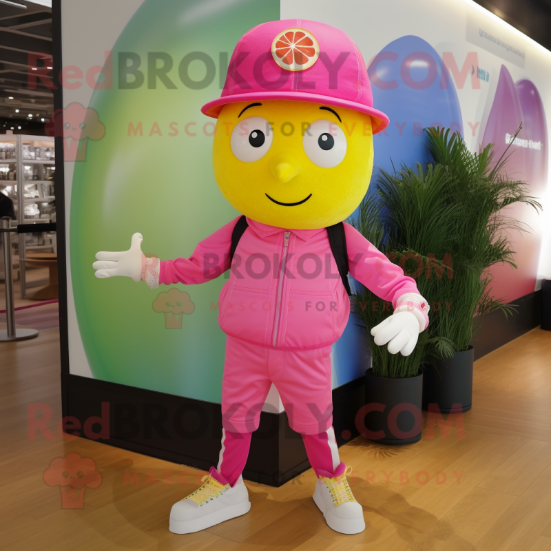 Pink Lemon mascot costume character dressed with a Skinny Jeans and Berets Pink Lemon mascot costume character dressed with a Skinny Jeans and Berets