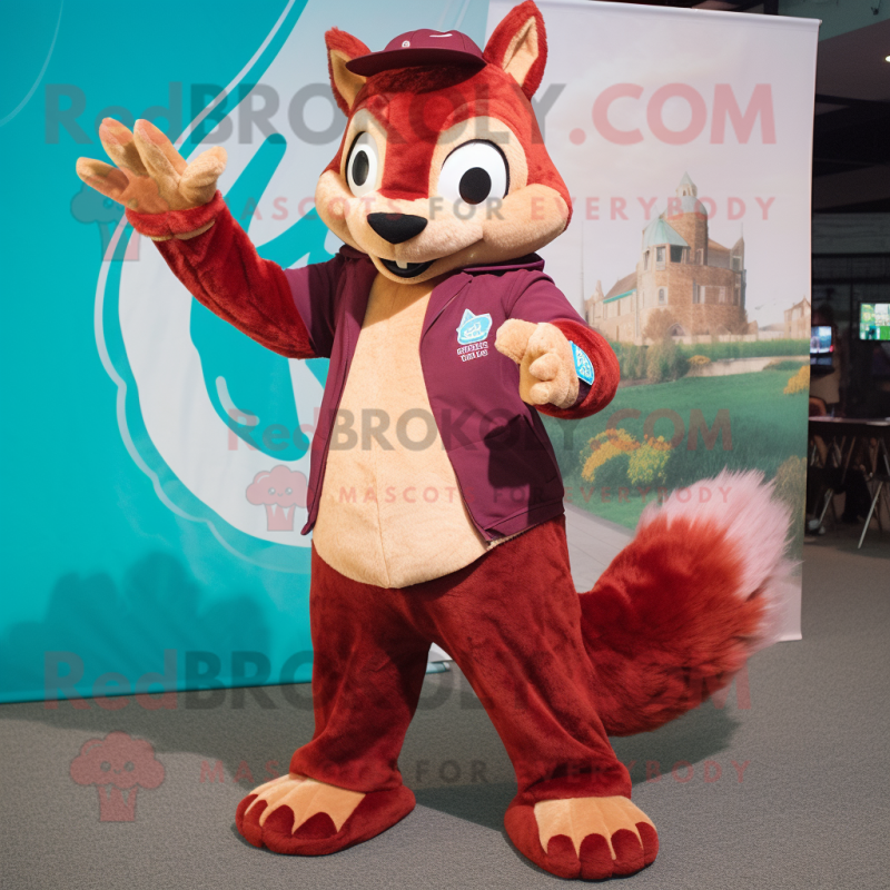 Maroon Squirrel mascot costume character dressed with a Flare Jeans and Wraps