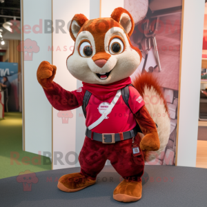 Maroon Squirrel mascot costume character dressed with a Flare Jeans and Wraps