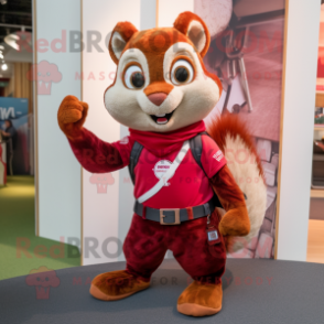 Maroon Squirrel mascot costume character dressed with a Flare Jeans and Wraps