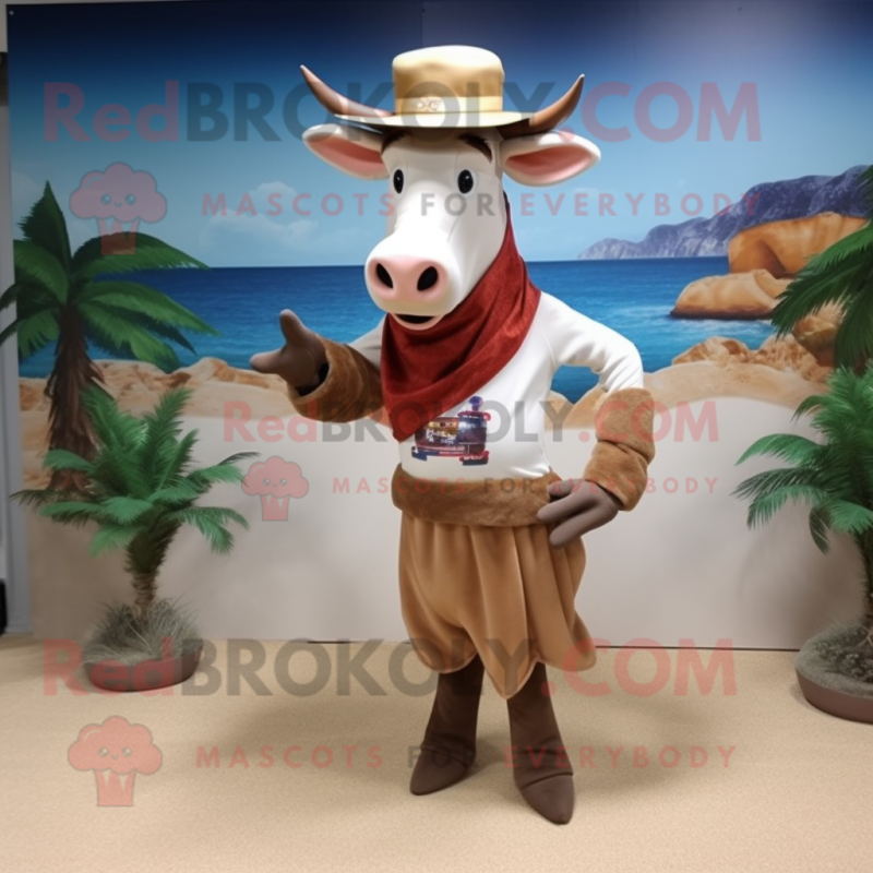 Tan Zebu mascot costume character dressed with a Swimwear and Hat pins Tan Zebu mascot costume character dressed with a Swimwear and Hat pins