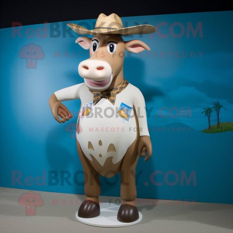 Tan Zebu mascot costume character dressed with a Swimwear and Hat pins Tan Zebu mascot costume character dressed with a Swimwear and Hat pins