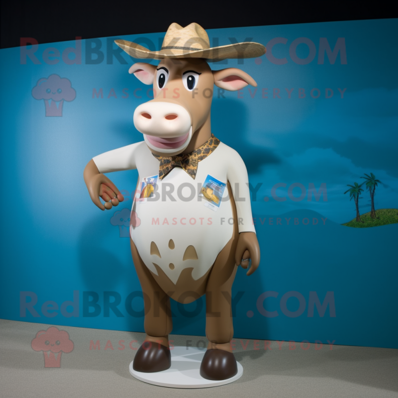 Tan Zebu mascot costume character dressed with a Swimwear and Hat pins