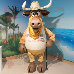 Tan Zebu mascot costume character dressed with a Swimwear and Hat pins