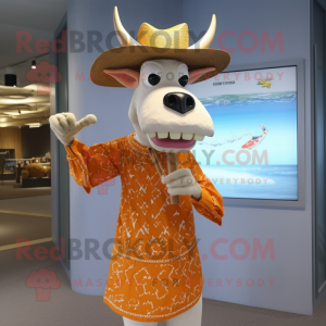 Tan Zebu mascot costume character dressed with a Swimwear and Hat pins
