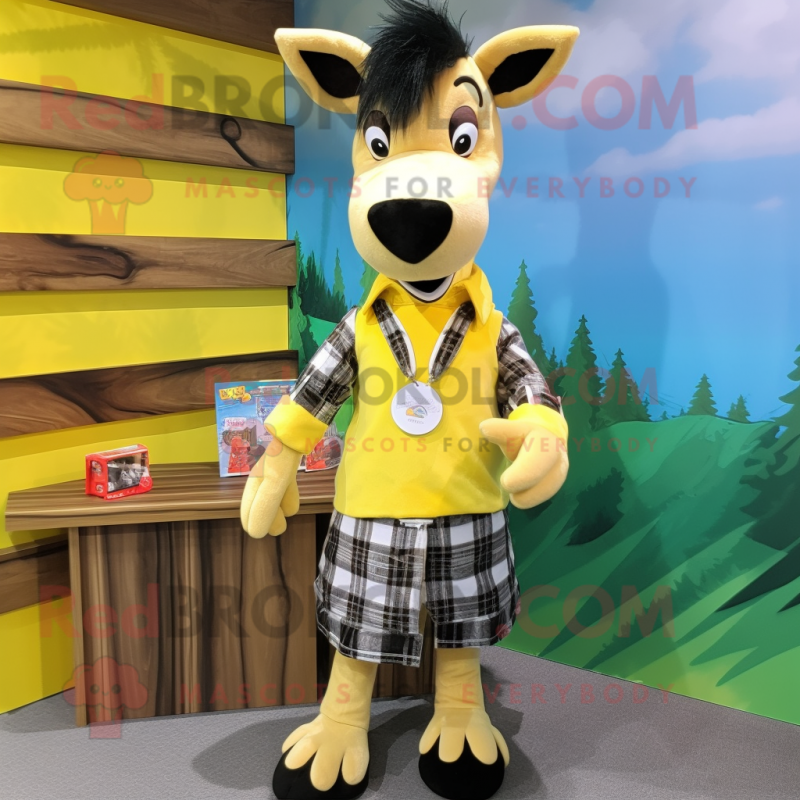 Lemon Yellow Okapi mascot costume character dressed with a Flannel Shirt and Hair clips