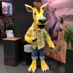 Lemon Yellow Okapi mascot costume character dressed with a Flannel Shirt and Hair clips