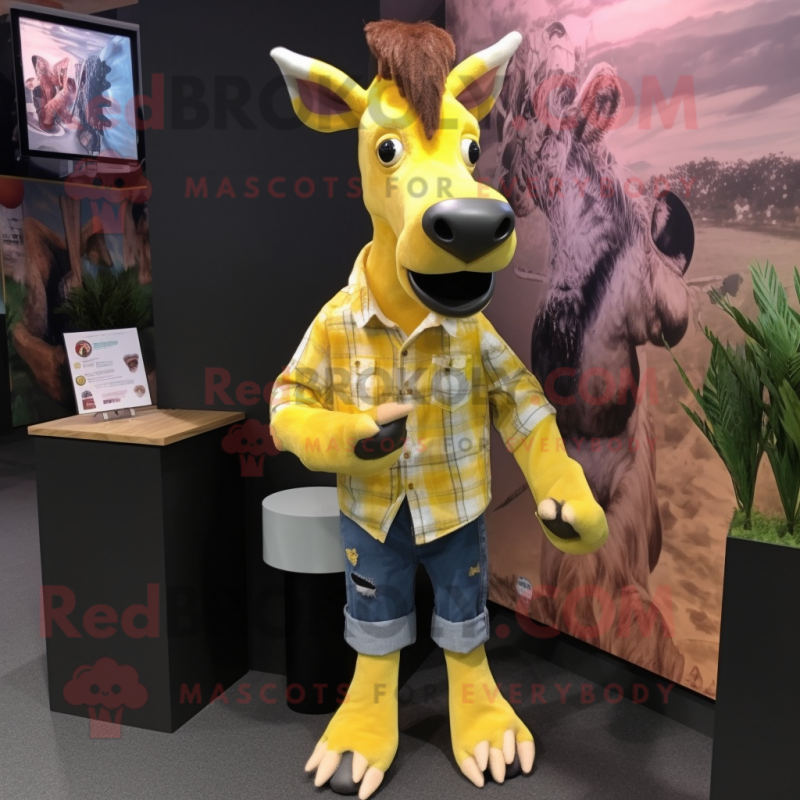 Lemon Yellow Okapi mascot costume character dressed with a Flannel Shirt and Hair clips