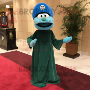 Sky Blue Green Beret mascot costume character dressed with a Evening Gown and Shawl pins