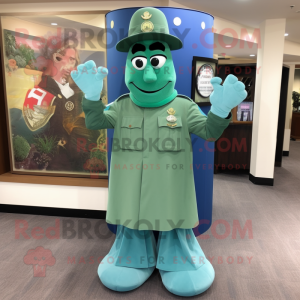 Sky Blue Green Beret mascot costume character dressed with a Evening Gown and Shawl pins