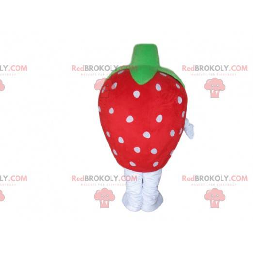 Mascote morango vermelho com pontos brancos, fantasia de