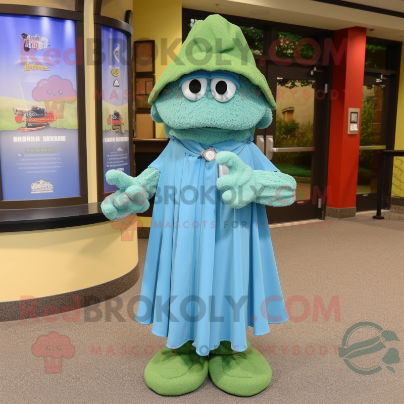 Sky Blue Green Beret mascot costume character dressed with a Evening Gown and Shawl pins