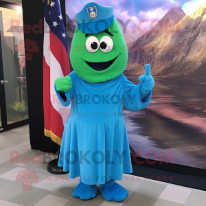 Sky Blue Green Beret mascot costume character dressed with a Evening Gown and Shawl pins