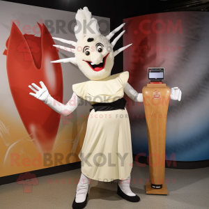 Cream Knife Thrower mascot costume character dressed with a Cocktail Dress and Headbands