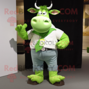 Lime Green Cow mascot costume character dressed with a Boyfriend Jeans and Bracelets