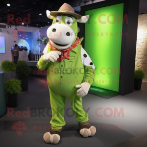 Lime Green Cow mascot costume character dressed with a Boyfriend Jeans and Bracelets