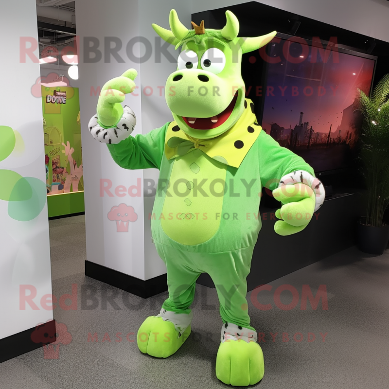 Lime Green Cow mascot costume character dressed with a Boyfriend Jeans and Bracelets