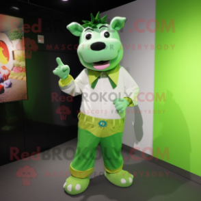 Lime Green Cow mascot costume character dressed with a Boyfriend Jeans and Bracelets