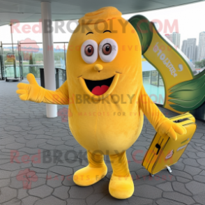Lemon Yellow Currywurst mascot costume character dressed with a Corduroy Pants and Handbags