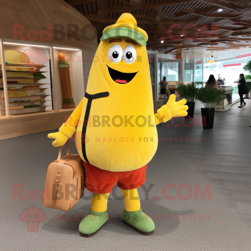 Lemon Yellow Currywurst mascot costume character dressed with a Corduroy Pants and Handbags Lemon Yellow Currywurst mascot costume character dressed with a Corduroy Pants and Handbags