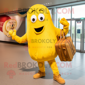 Lemon Yellow Currywurst mascot costume character dressed with a Corduroy Pants and Handbags