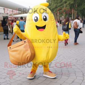 Lemon Yellow Currywurst mascot costume character dressed with a Corduroy Pants and Handbags