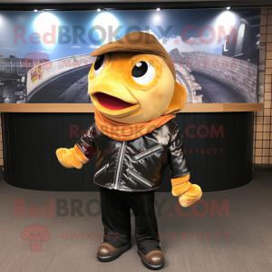Gold Fish And Chips mascot costume character dressed with a Leather Jacket and Shawls
