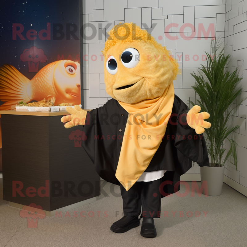 Gold Fish And Chips mascot costume character dressed with a Leather Jacket and Shawls