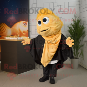 Gold Fish And Chips mascot costume character dressed with a Leather Jacket and Shawls