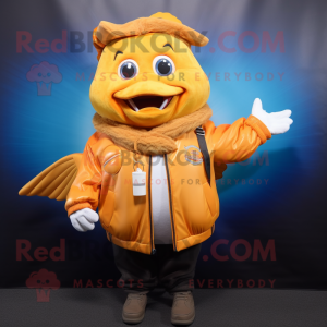 Gold Fish And Chips mascot costume character dressed with a Leather Jacket and Shawls