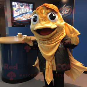 Gold Fish And Chips mascot costume character dressed with a Leather Jacket and Shawls