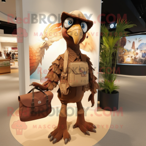 Brown Archeopteryx mascot costume character dressed with a T-Shirt and Handbags