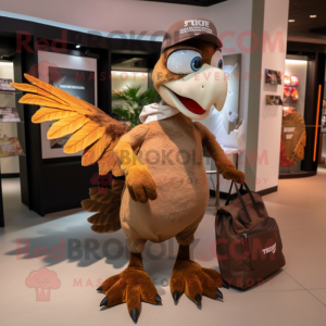 Brown Archeopteryx mascot costume character dressed with a T-Shirt and Handbags