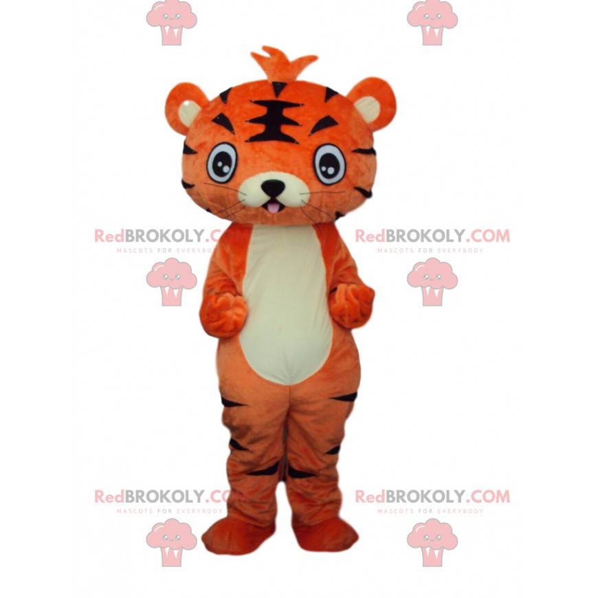 Mascotte giovane tigre arancione e nera, costume felino -