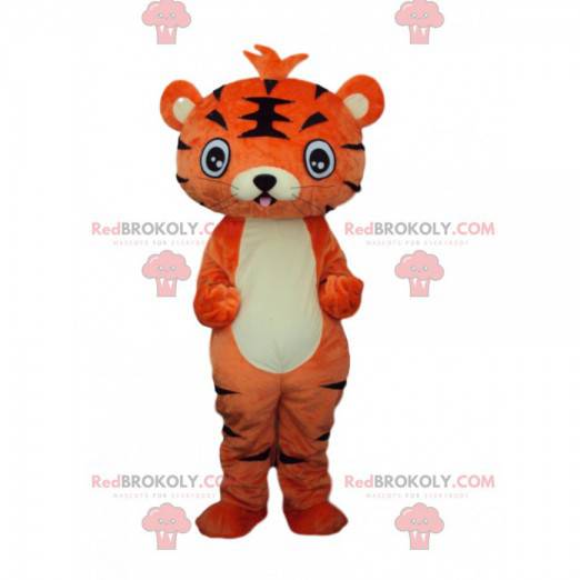 Mascote jovem tigre laranja e preto, fantasia de felino -