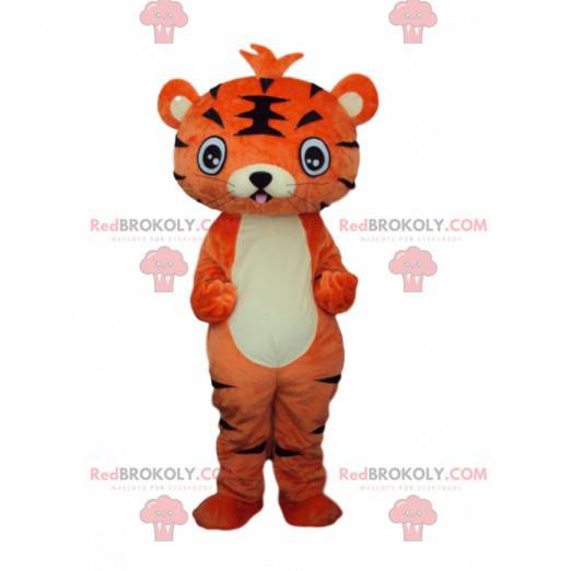 Maskot mladý oranžový a černý tygr, kočičí kostým -
