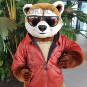Tan Red Panda mascot costume character dressed with a Jacket and Sunglasses