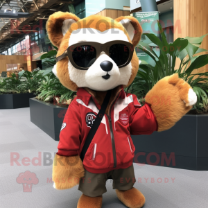 Tan Red Panda mascot costume character dressed with a Jacket and Sunglasses