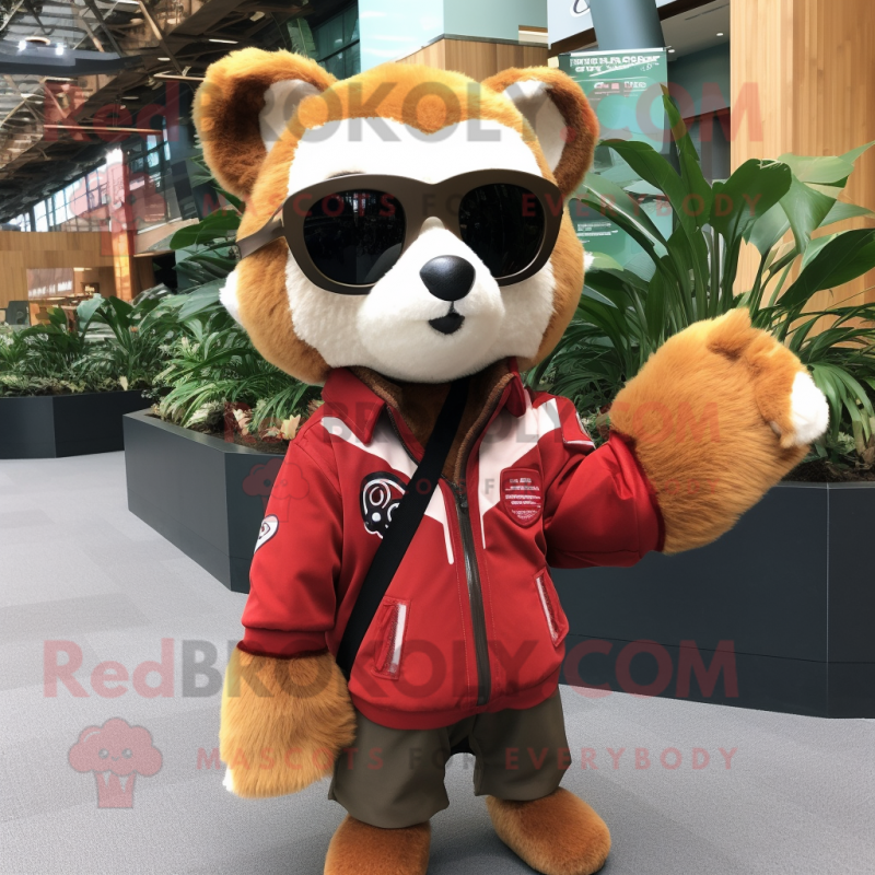 Tan Red Panda mascot costume character dressed with a Jacket and Sunglasses