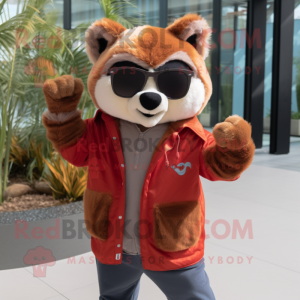 Tan Red Panda mascot costume character dressed with a Jacket and Sunglasses