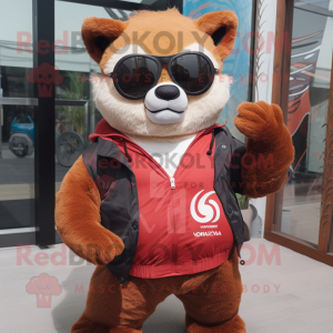 Tan Red Panda mascot costume character dressed with a Jacket and Sunglasses