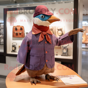 Maroon Passenger Pigeon mascot costume character dressed with a Henley Tee and Rings
