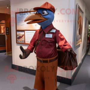 Maroon Passenger Pigeon mascot costume character dressed with a Henley Tee and Rings