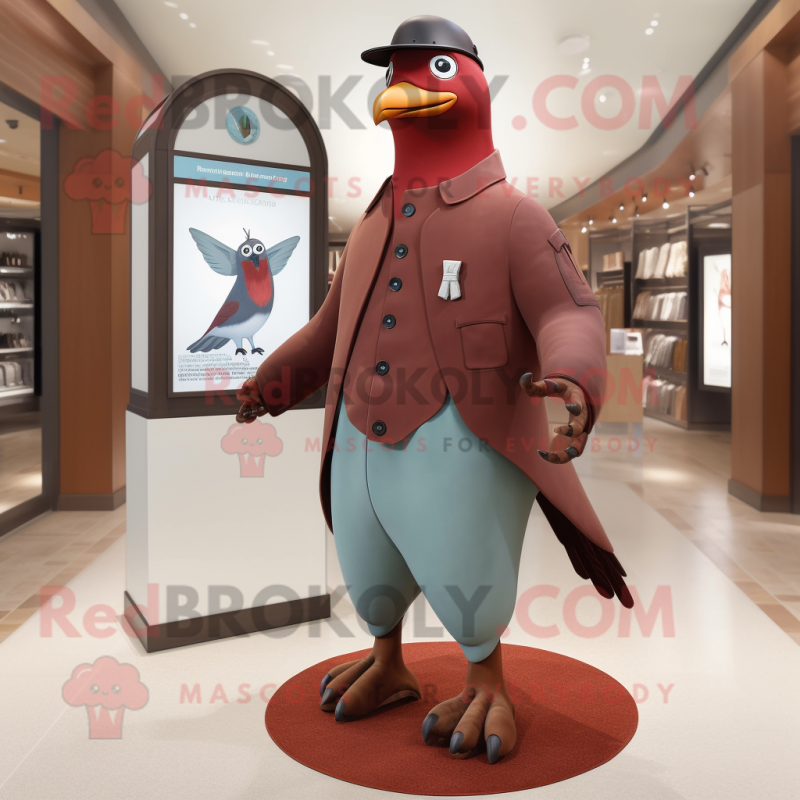 Maroon Passenger Pigeon mascot costume character dressed with a Henley Tee and Rings